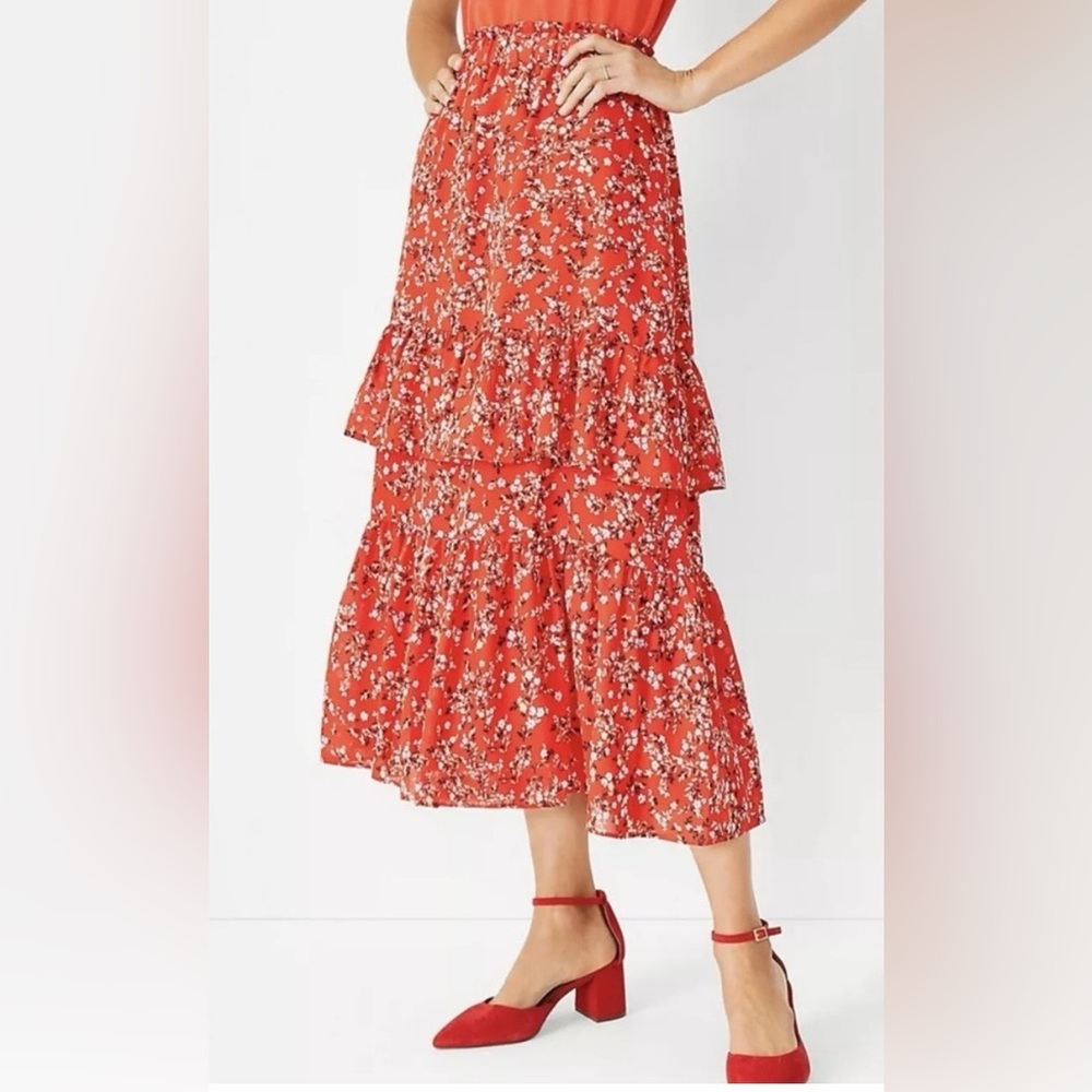 Ann Taylor Floral Tiered Red Ruffled Chiffon Skirt